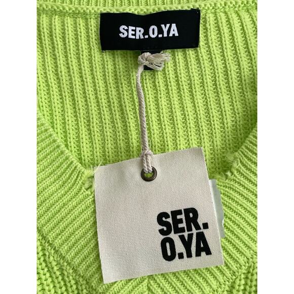 NWT SER.O.YA Syd Sweater Women Size Medium Neon Green Distressed Grunge V-neck‎ - Picture 9 of 12